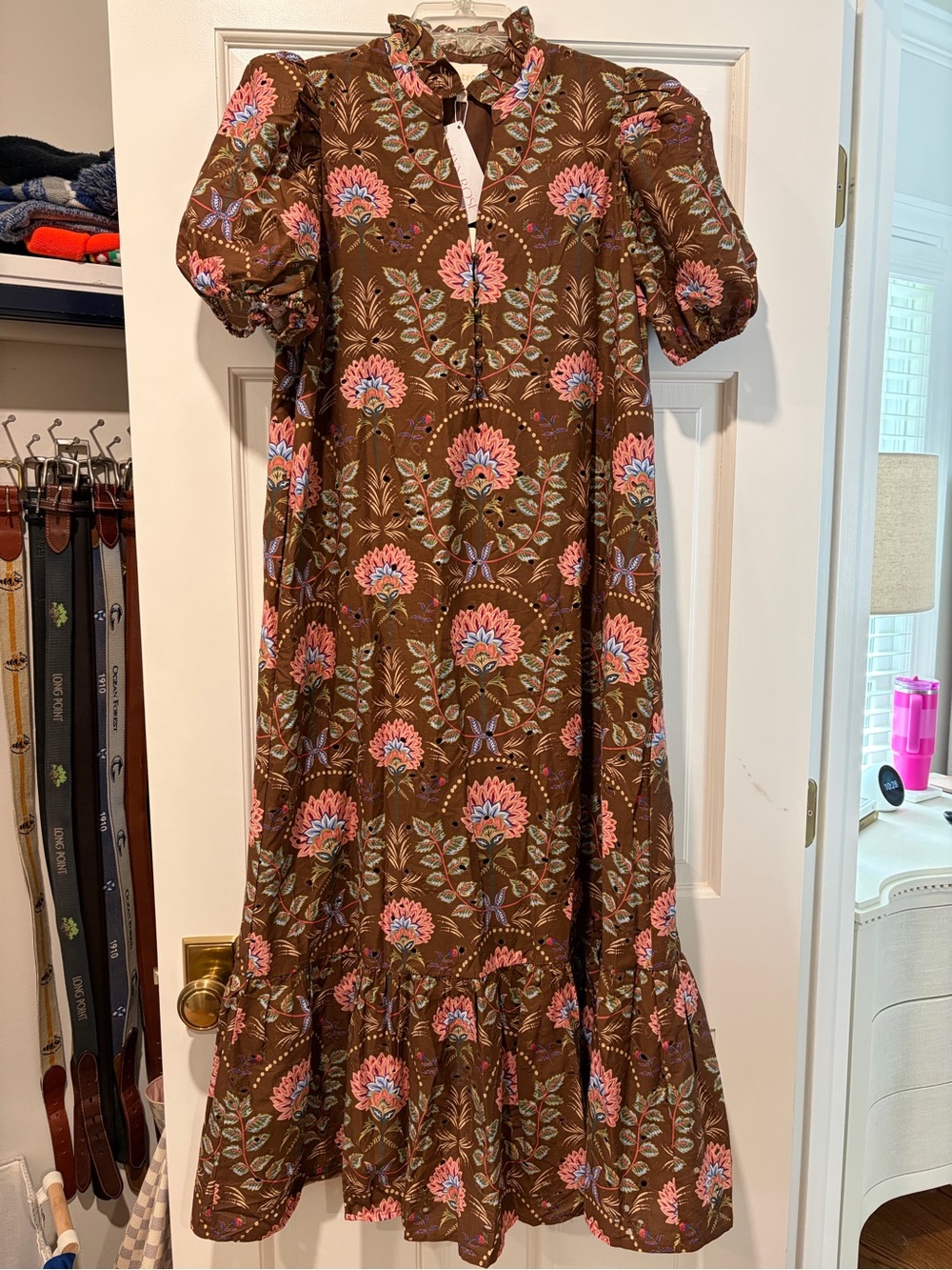 Chocolate Bloom Midi Dress with Puff Sleeves
